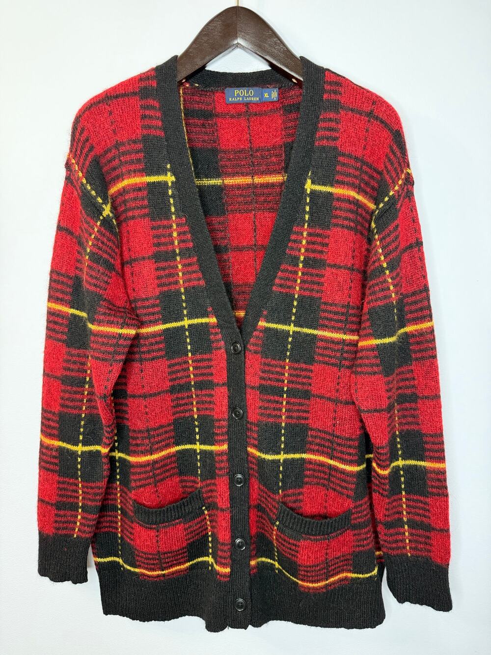 Polo Ralph Lauren Red Black Tartan Wool Alpaca Plaid Cardigan Sweater Women's XL